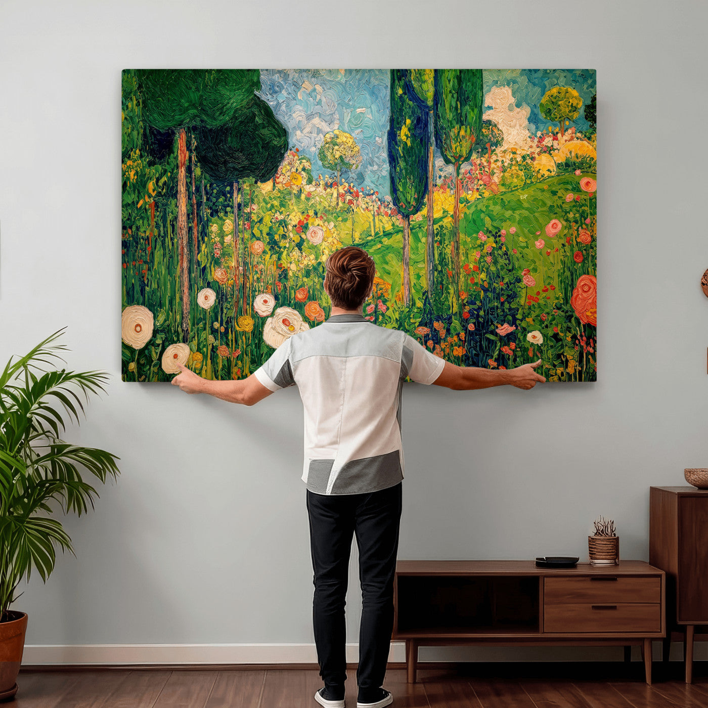 83517974-MGV-CV-36X24 - Gustav Klimt Boho Mountain Landscape Large Wall Art, Horizontal Gold Framed Canvas Print with Sun and Flowers