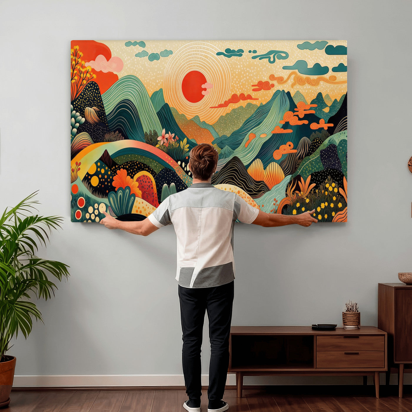 29927191-MGV-CV-36X24 - Yayoi Kusama Boho Mountain Landscape Large Wall Art, Horizontal Gold Framed Canvas Print with Sun and Flowers