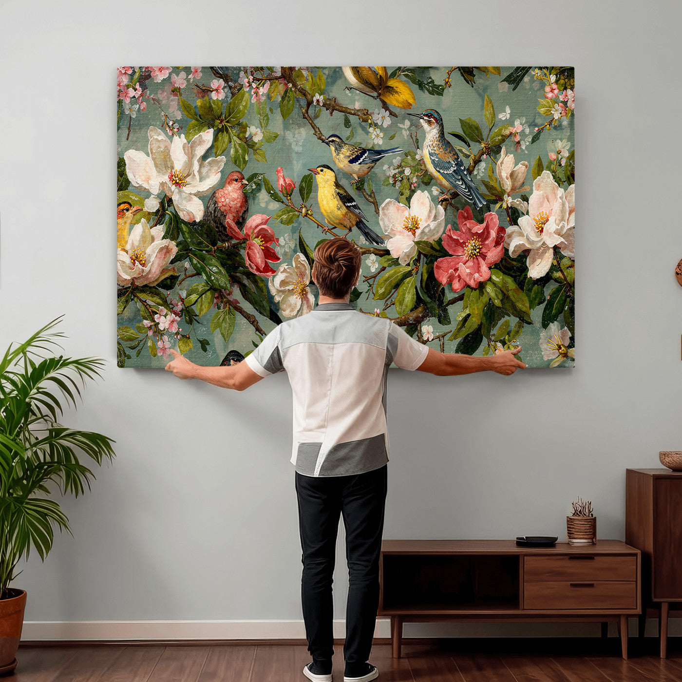 77883606-MGV-CV-36X24 - Vintage Birds and Flowers Wide Wall Art: Extra Large Panoramic Botanical Print