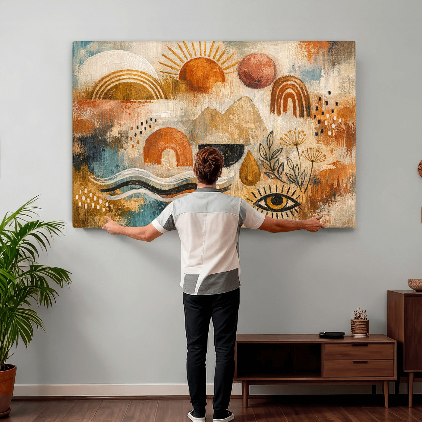 52155239-MGV-CV-36X24 - Geometric Boho Abstract Wall Art Canvas Print, Orange Blue Abstract Expressionist Painting Print, Modern Geometric Abstract Canvas Art