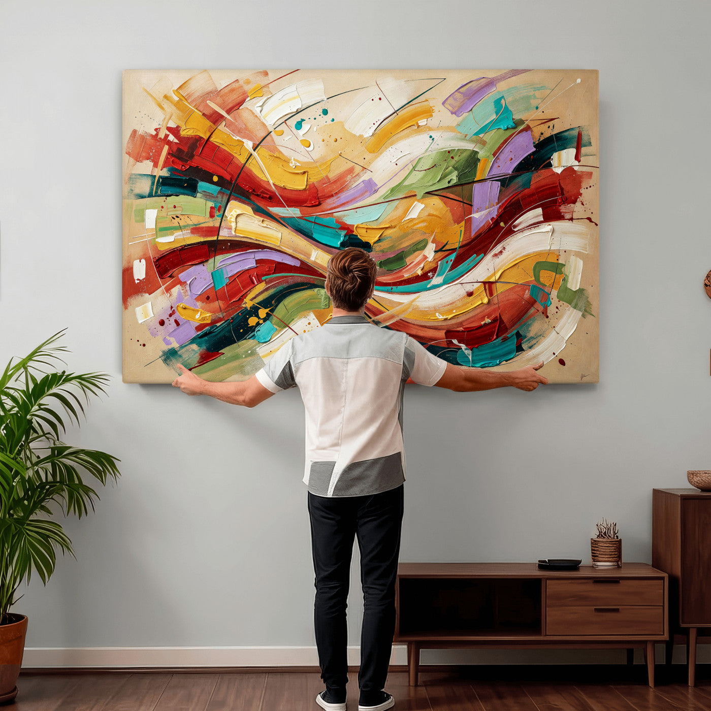 39887645-MGV-CV-36X24 - Geometric Abstract Wall Art Canvas Print, Orange Blue Abstract Expressionist Painting Print, Modern Geometric Abstract Canvas Art