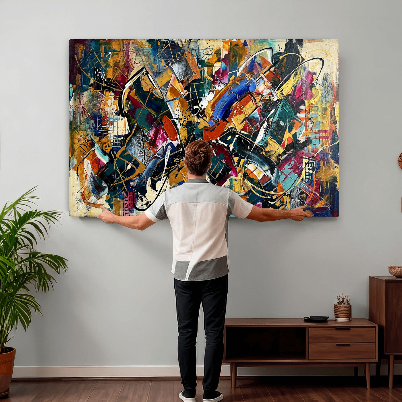 15525527-MGV-CV-36X24 - Geometric Abstract Wall Art Canvas Print, Orange Blue Abstract Expressionist Painting Print, Modern Geometric Abstract Canvas Art