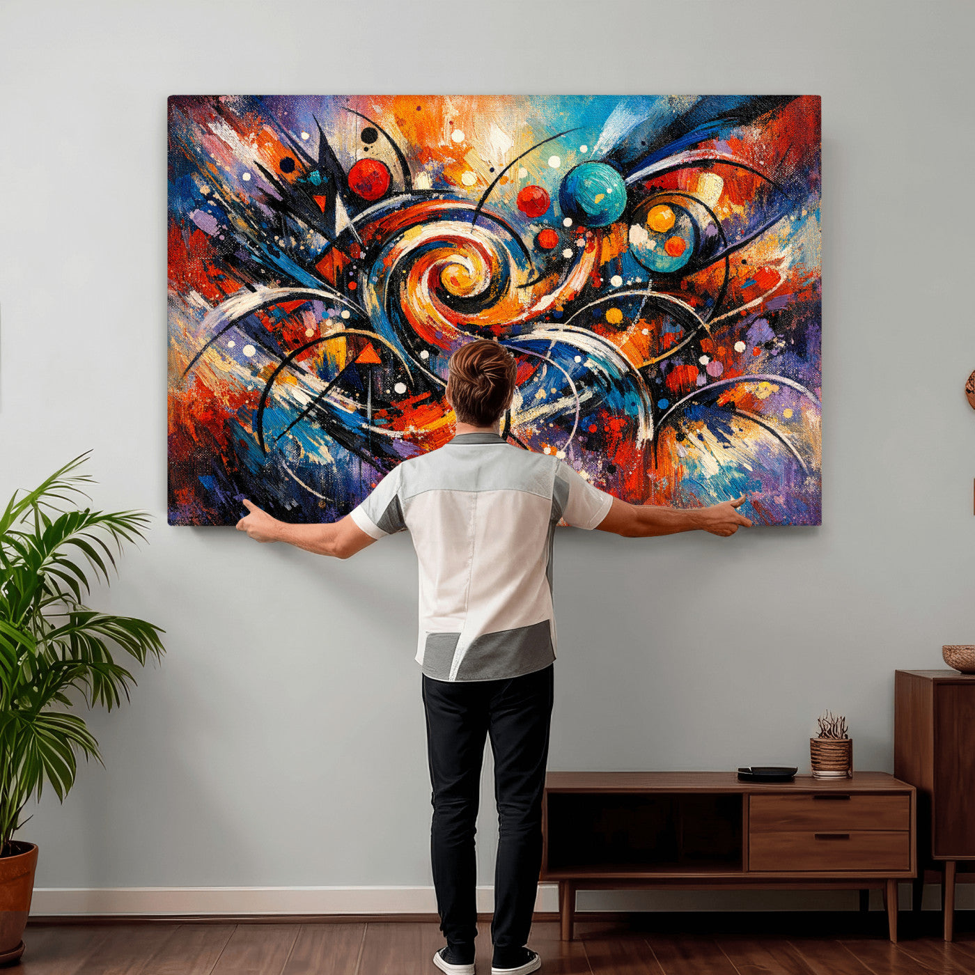 60193267-MGV-CV-36X24 - Geometric Abstract Wall Art Canvas Print, Orange Blue Abstract Expressionist Painting Print, Modern Geometric Abstract Canvas Art