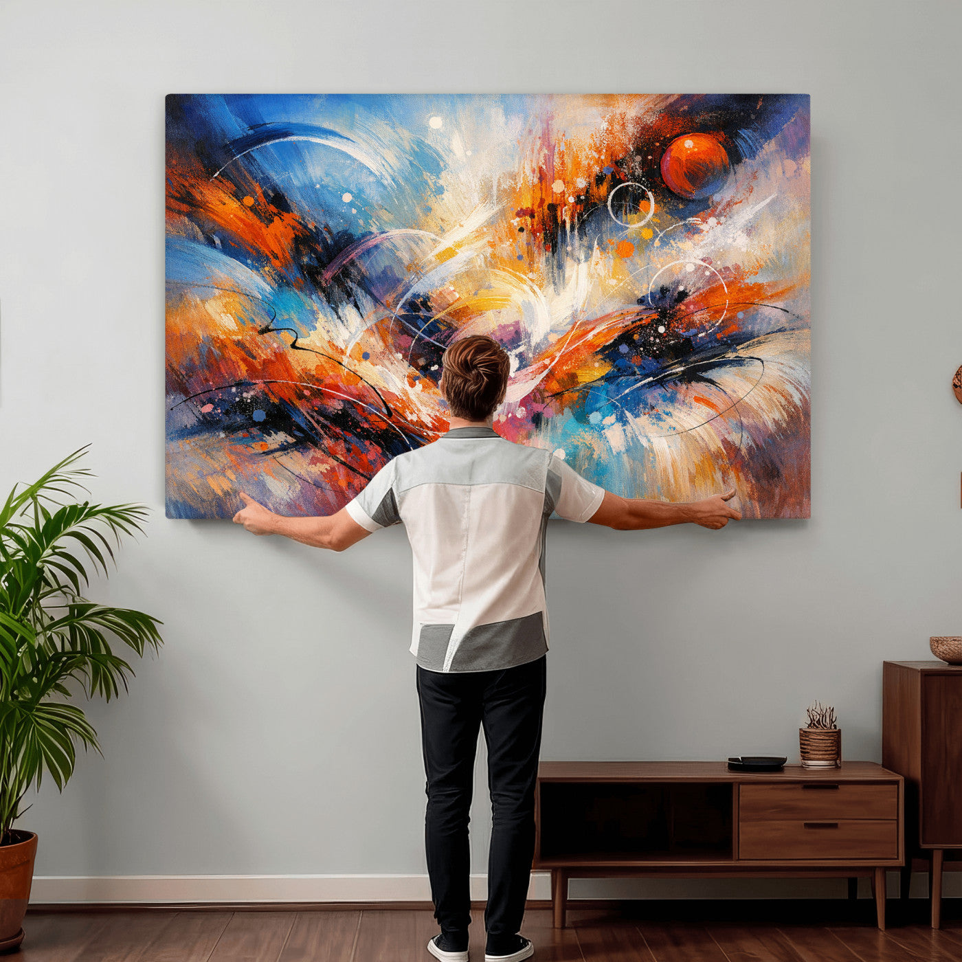 47770355-MGV-CV-36X24 - Geometric Abstract Wall Art Canvas Print, Orange Blue Abstract Expressionist Painting Print, Modern Geometric Abstract Canvas Art