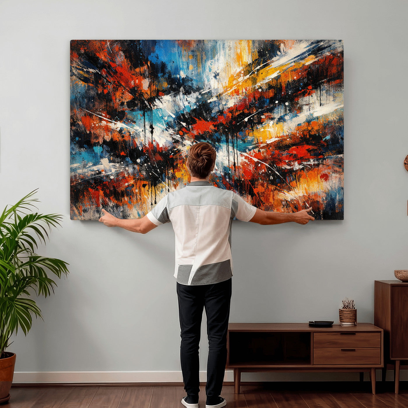 80276069-MGV-CV-36X24 - Geometric Abstract Wall Art Canvas Print, Orange Blue Abstract Expressionist Painting Print, Modern Geometric Abstract Canvas Art