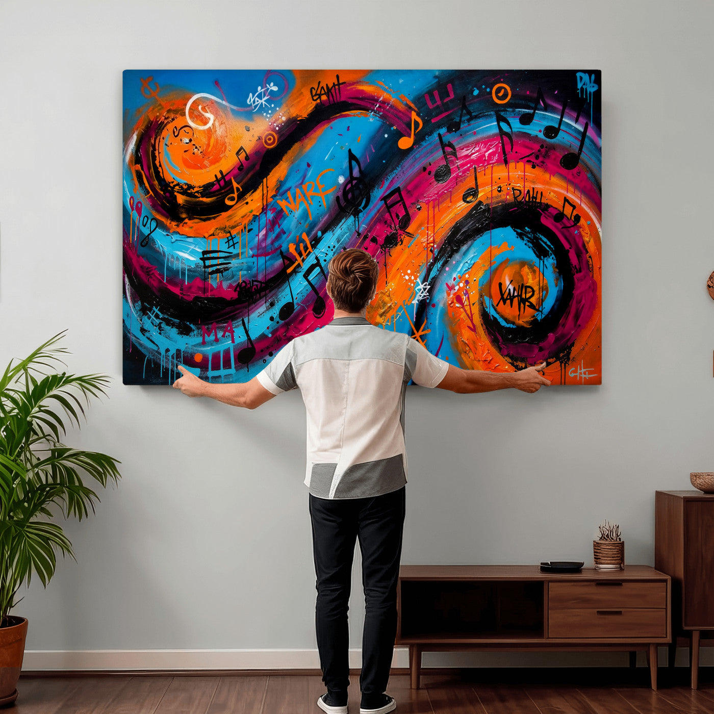 34936518-MGV-CV-36X24 - Geometric Abstract Wall Art Canvas Print, Orange Blue Abstract Expressionist Painting Print, Modern Geometric Abstract Canvas Art