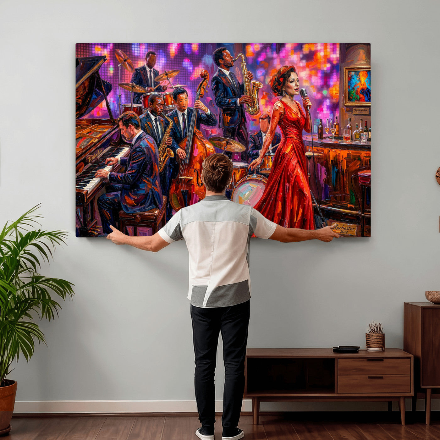 620930J20-MGV-CV-36X24 - Jazz Band Canvas Wall Art — Jazz Club Singer Saxophone Print | Music Wall Decor | Bar Restaurant Art | Music Lover Gift | Jazz Home Decor