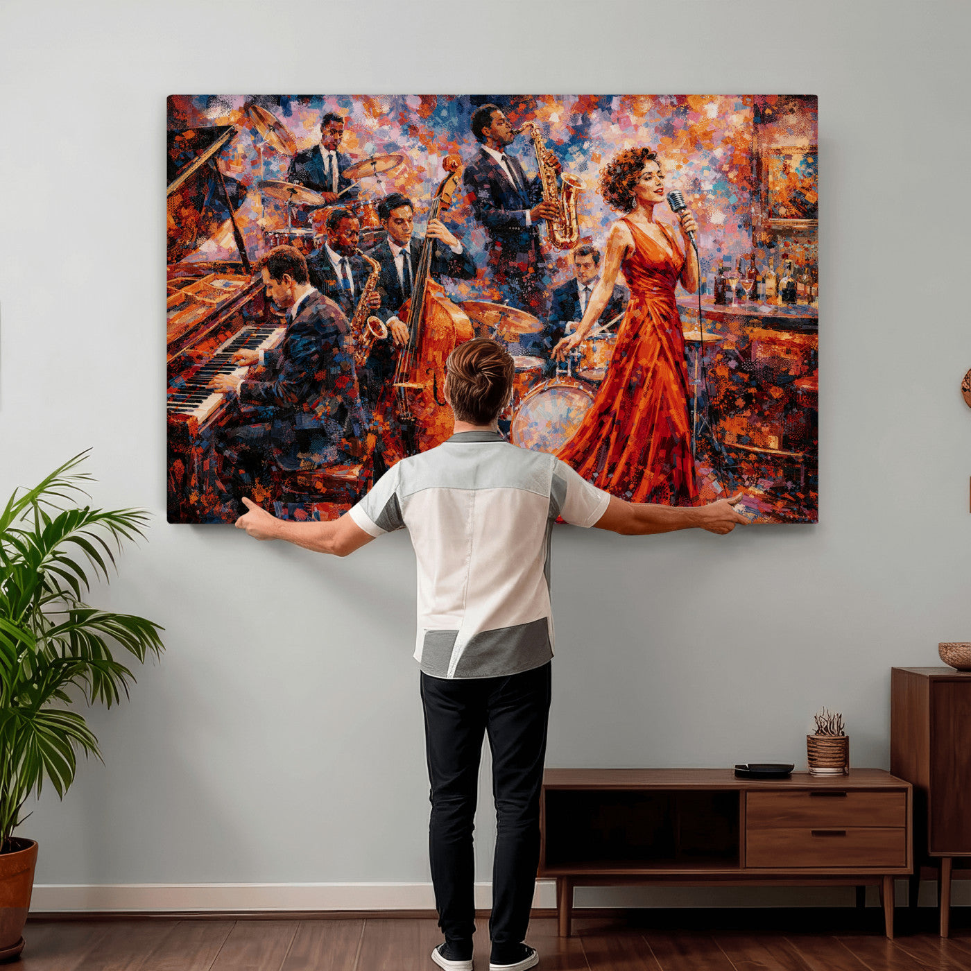 620930SF20-MGV-CV-36X24 - Jazz Band Canvas Wall Art — Jazz Club Singer Saxophone Print | Music Wall Decor | Bar Restaurant Art | Music Lover Gift | Jazz Home Decor