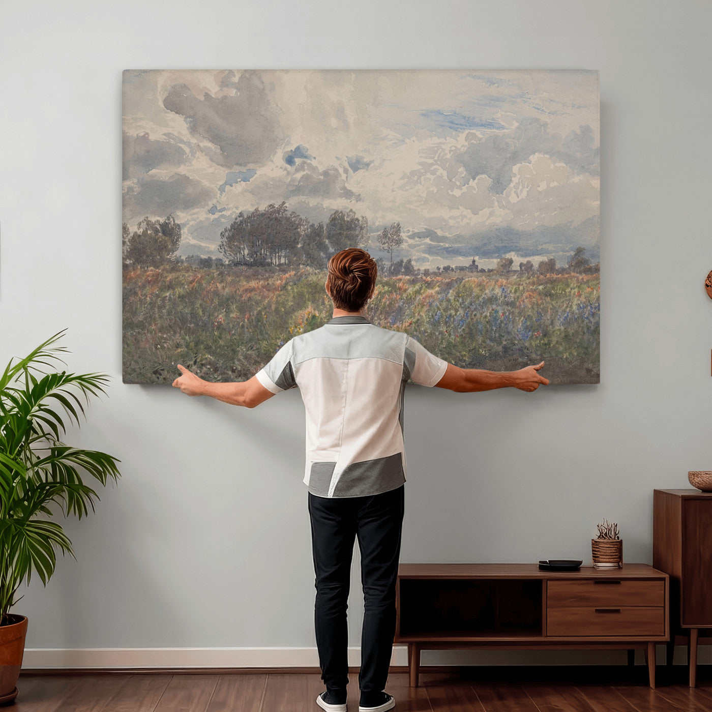 76626885-MGV-CV-36X24 - Vintage Watercolor Meadow Canvas Wall Art — English Pastoral Wildflower Storm Sky Print | Cottagecore Nature Decor | Classic Landscape Gift