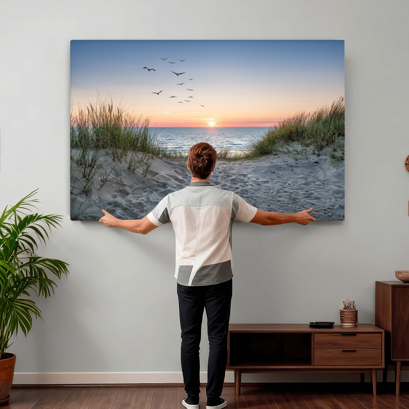 12172032-MGV-CV-36X24 - Sandy Dune Path Sunset Canvas Wall Art — Seagulls Beach Ocean Photography Print | Coastal Home Decor | Nautical Wall Art | Beach House Gift