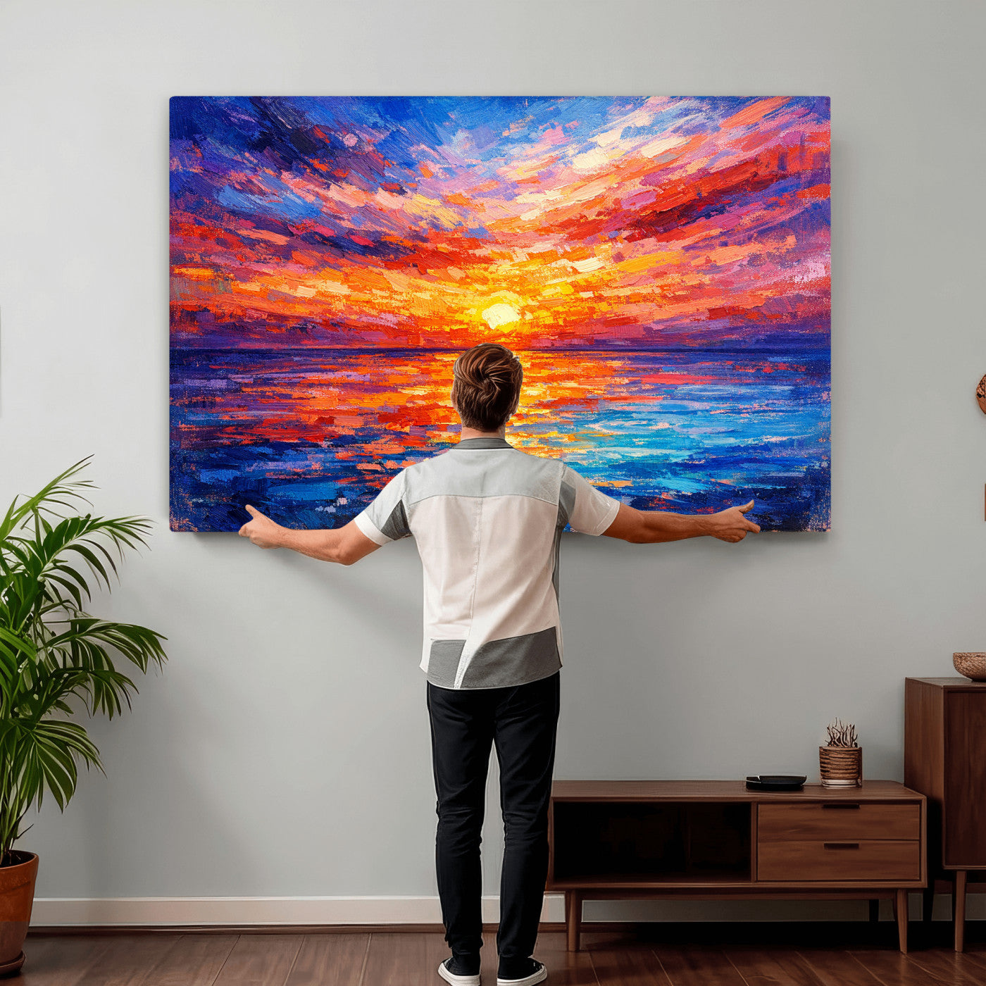 54915078-MGV-CV-36X24 - Colorful Knife Ocean Sunset Canvas — Orange Pink Teal Expressionist Sea Print | Colorful Coastal Wall Art | Vibrant Beach Decor Gift