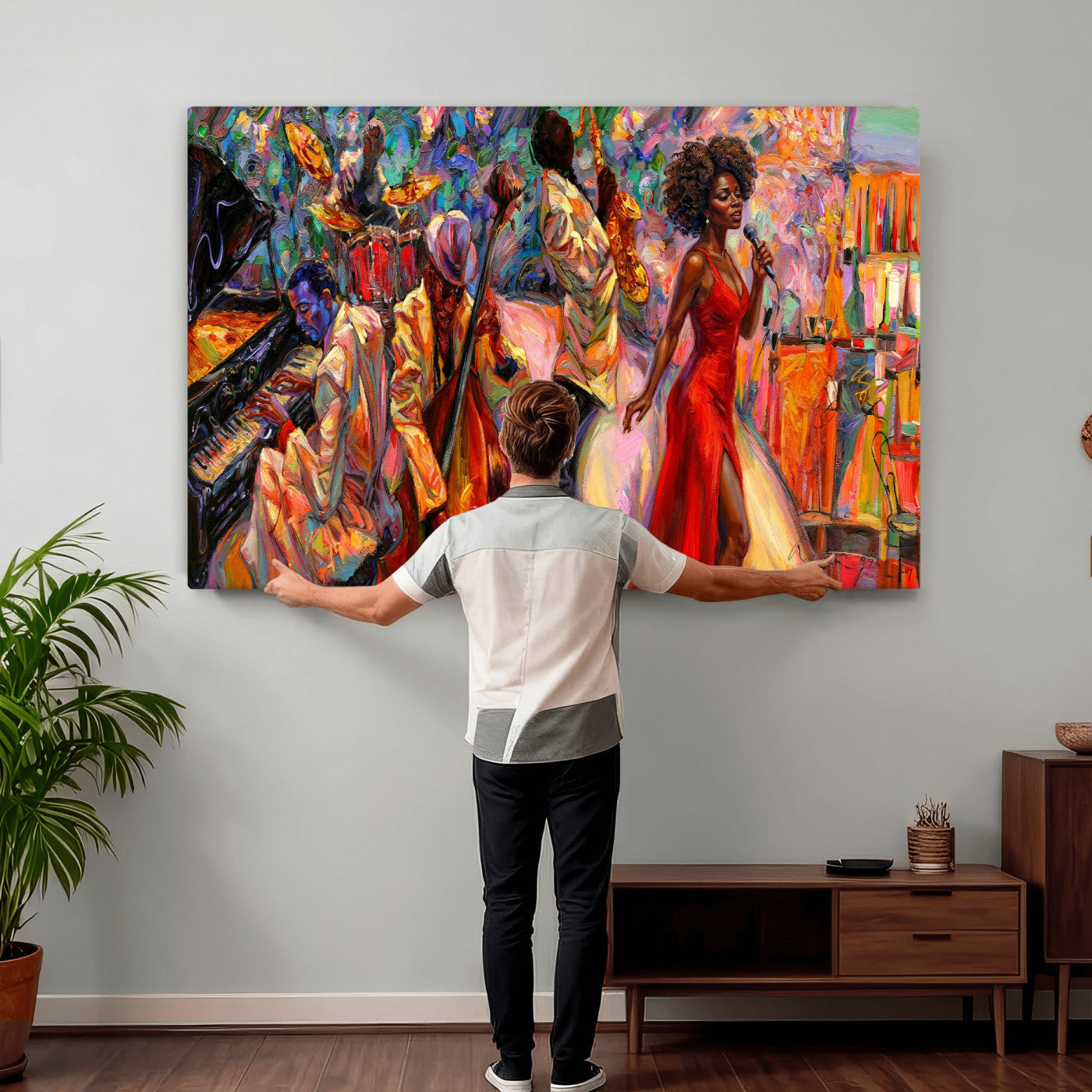 72615137-MGV-CV-36X24 - African American Jazz Singer Canvas Art - Red Dress Black Woman Music Print | Colorful Jazz Band Wall Decor | Living Room Gift for Her