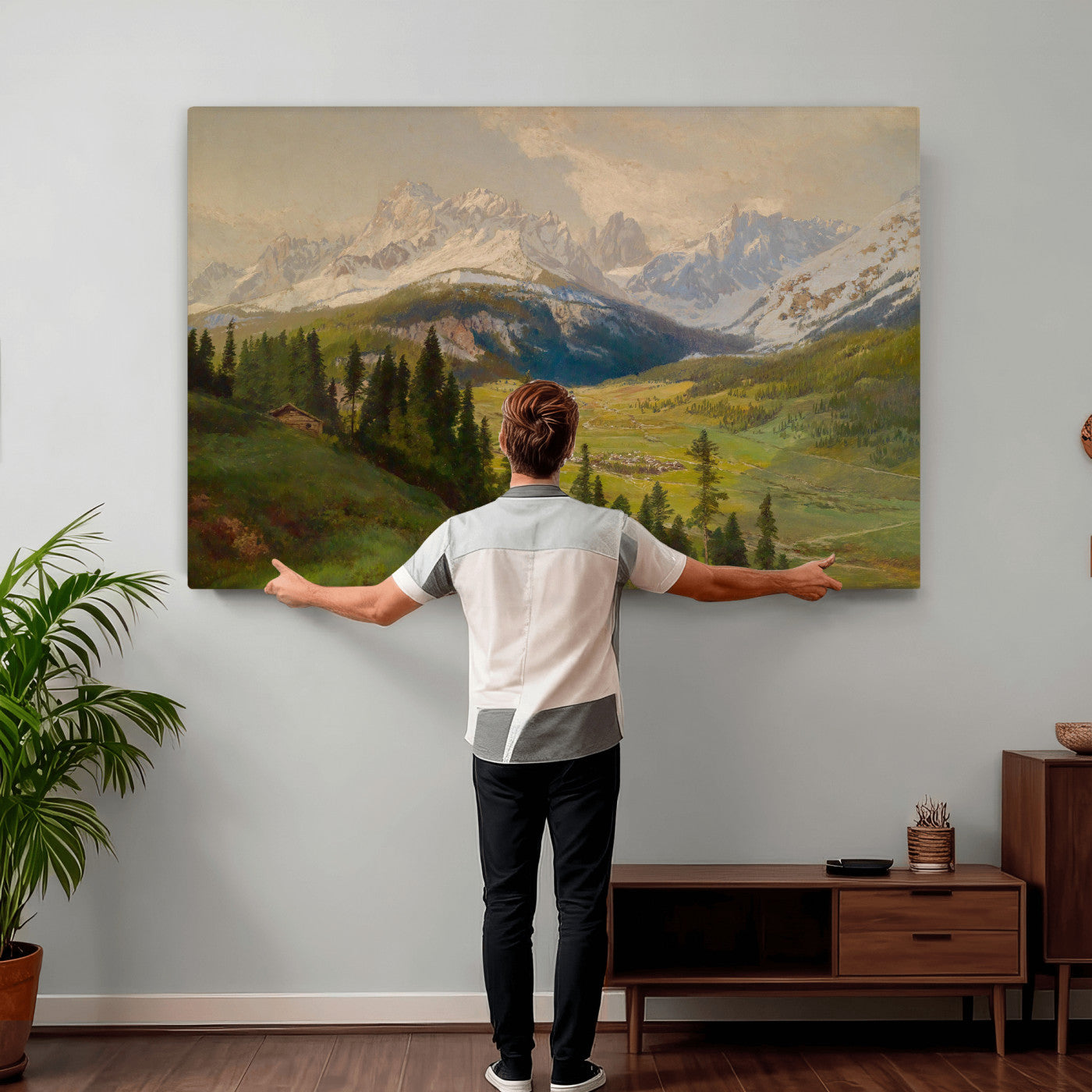 23120262-MGV-CV-36X24 - Konrad Petrides Sexten Village Canvas Print, Alpine Mountain Valley Painting, Dolomites Landscape Art