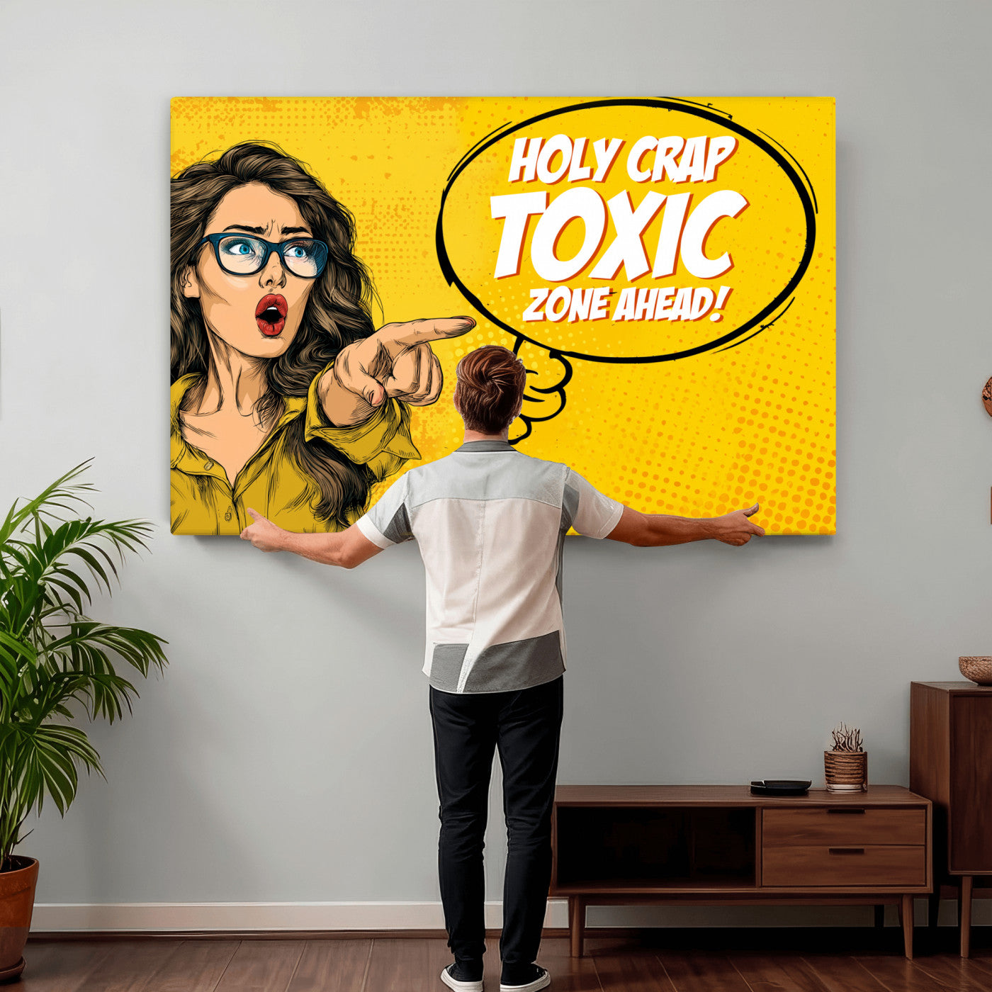 79751885-MGV-CV-36X24 - Pop Art Print Bathroom Sign Wall Art Canvas Print — Funny Bathroom Canvas | Comic Style Toilet Wall Decor | Humor Gift | Yellow Bold Bathroom Art