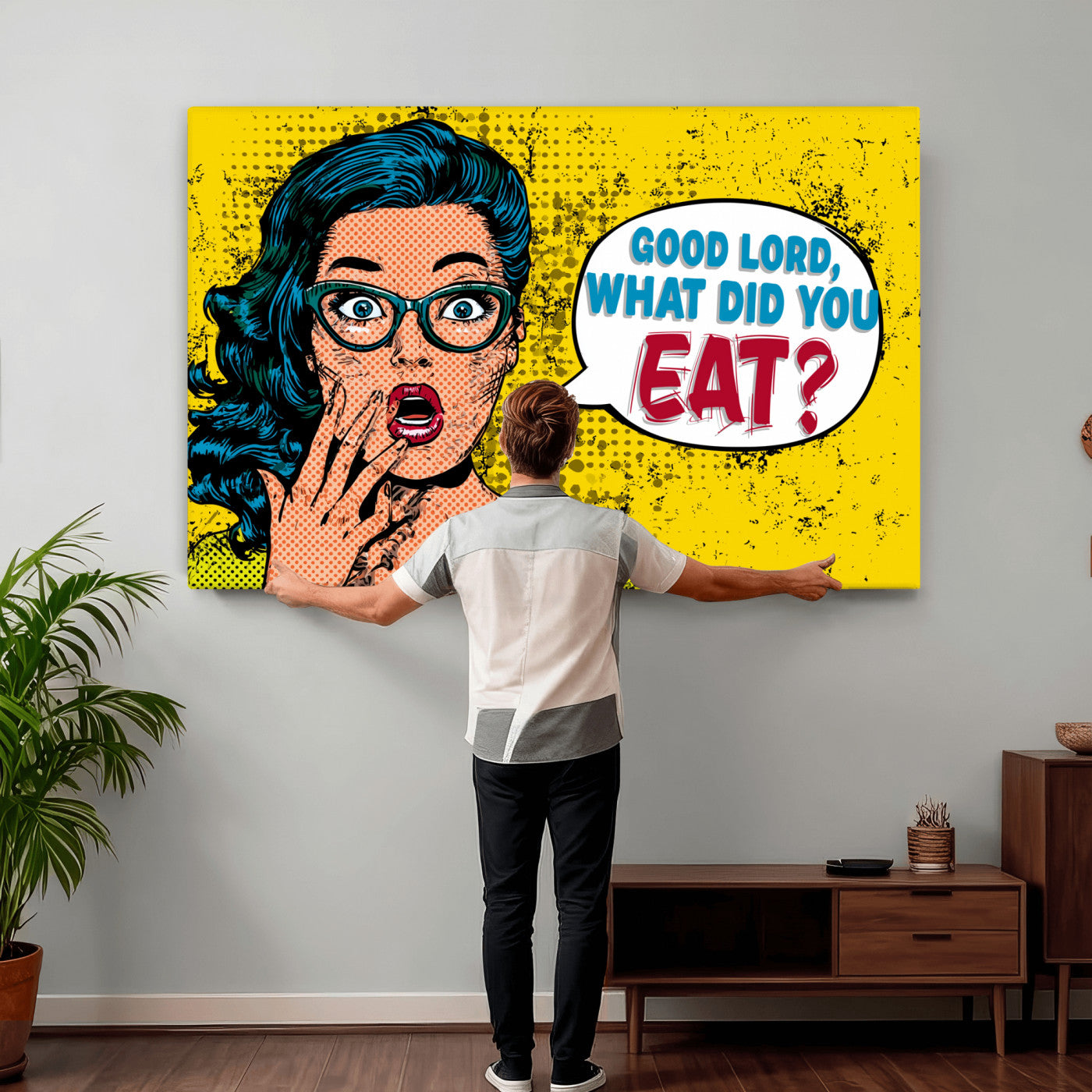 88217969-MGV-CV-36X24 - Pop Art Print Bathroom Sign Wall Art Canvas Print — Funny Bathroom Canvas | Comic Style Toilet Wall Decor | Humor Gift | Yellow Bold Bathroom Art