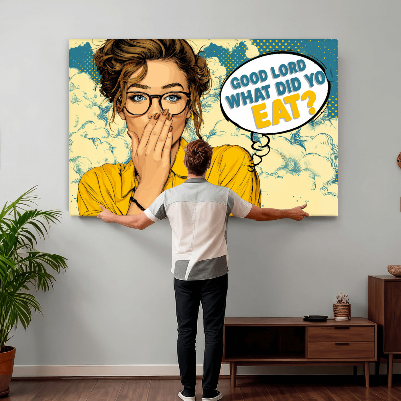 35819669-MGV-CV-36X24 - Pop Art Print Bathroom Sign Wall Art Canvas Print — Funny Bathroom Canvas | Comic Style Toilet Wall Decor | Humor Gift | Yellow Bold Bathroom Art
