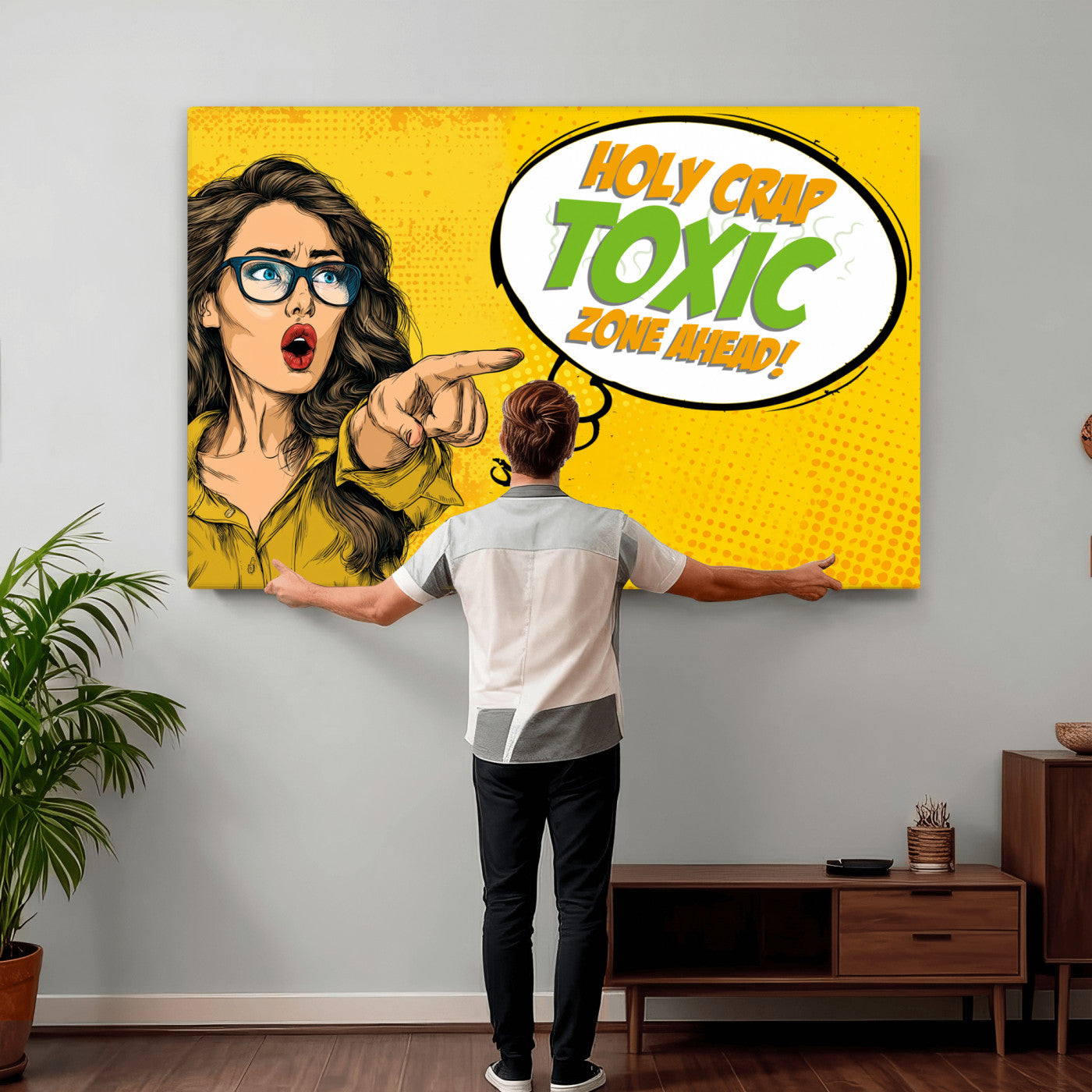 79156505-MGV-CV-36X24 - Pop Art Print Bathroom Sign Wall Art Canvas Print — Funny Bathroom Canvas | Comic Style Toilet Wall Decor | Humor Gift | Yellow Bold Bathroom Art