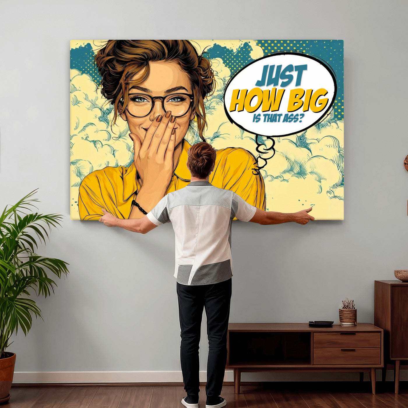 T79156505-MGV-CV-36X24 - Pop Art Print Bathroom Sign Wall Art Canvas Print — Funny Bathroom Canvas | Comic Style Toilet Wall Decor | Humor Gift | How Big Ass