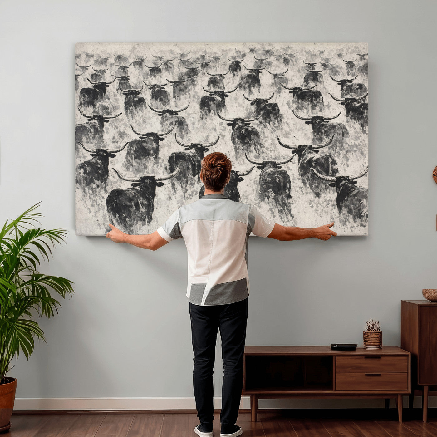 73328525-MGV-CV-36X24 - Texas Longhorn Drawing Canvas Wall Art, Western Cattle Stampede Painting Print, Warm Amber Ranch Decor, Rustic Cowboy Home Art, Large Living Room Decor