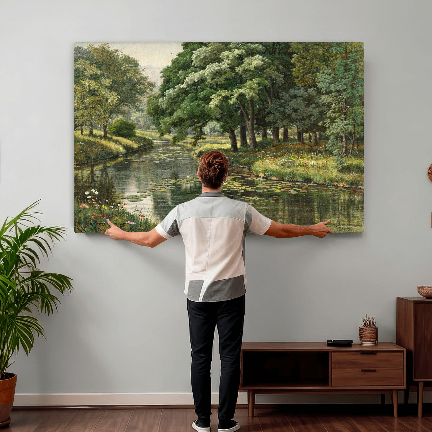 44288560-MGV-CV-36X24 - Forest Stream Canvas Wall Art, Peder Monsted A Forest Stream 1905 Print, Danish Realist Landscape, Lily Pad River Nature Decor, Vintage Green Painting