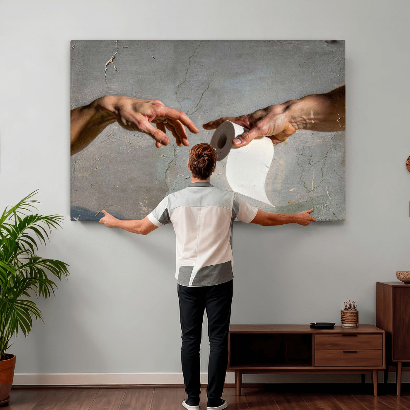 72030048-MGV-CV-36X24 - Funny Bathroom Wall Art Canvas, Creation of Toilet Paper Parody Print, Renaissance Humor Decor, Toilet Room Art, Quirky Housewarming Gift, Classic Art Spoof