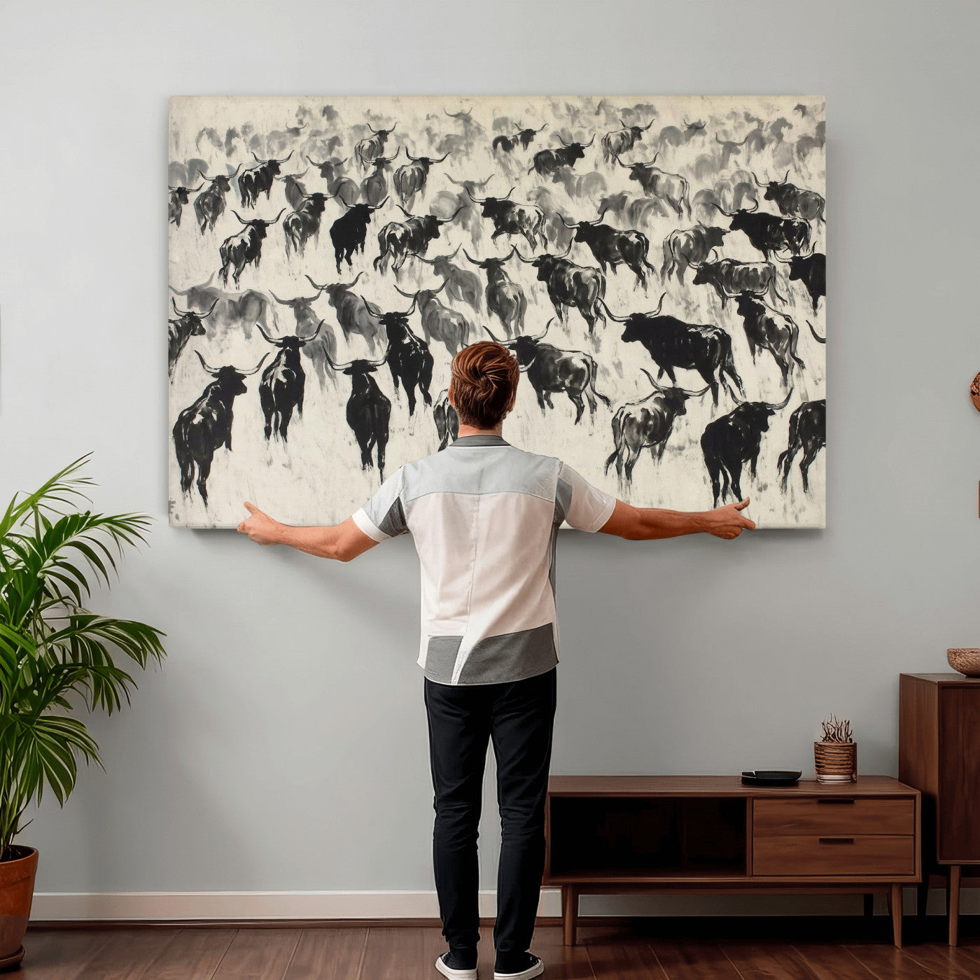 68669792-MGV-CV-36X24 - Longhorn Cattle Canvas Wall Art, Black White Stampede Ink Painting Print, Western Farmhouse Decor, Bull Herd Art, Large Living Room Wall Art, Ranch Home Decor