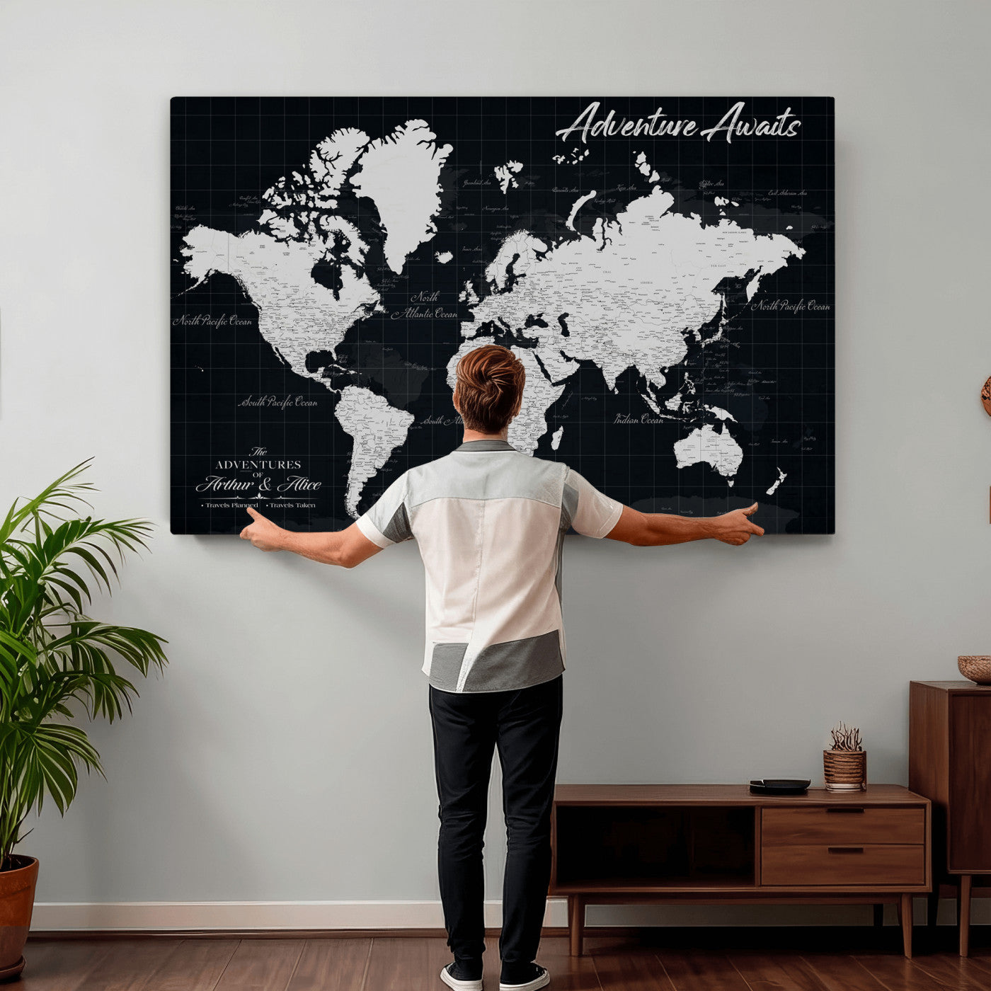 19855445B-MGV-CV-36X24 - Personalized Push Pin World Map Canvas Wall Art Couples Customized Black Gray Travels Framed Large for Living Room Bedroom Decor