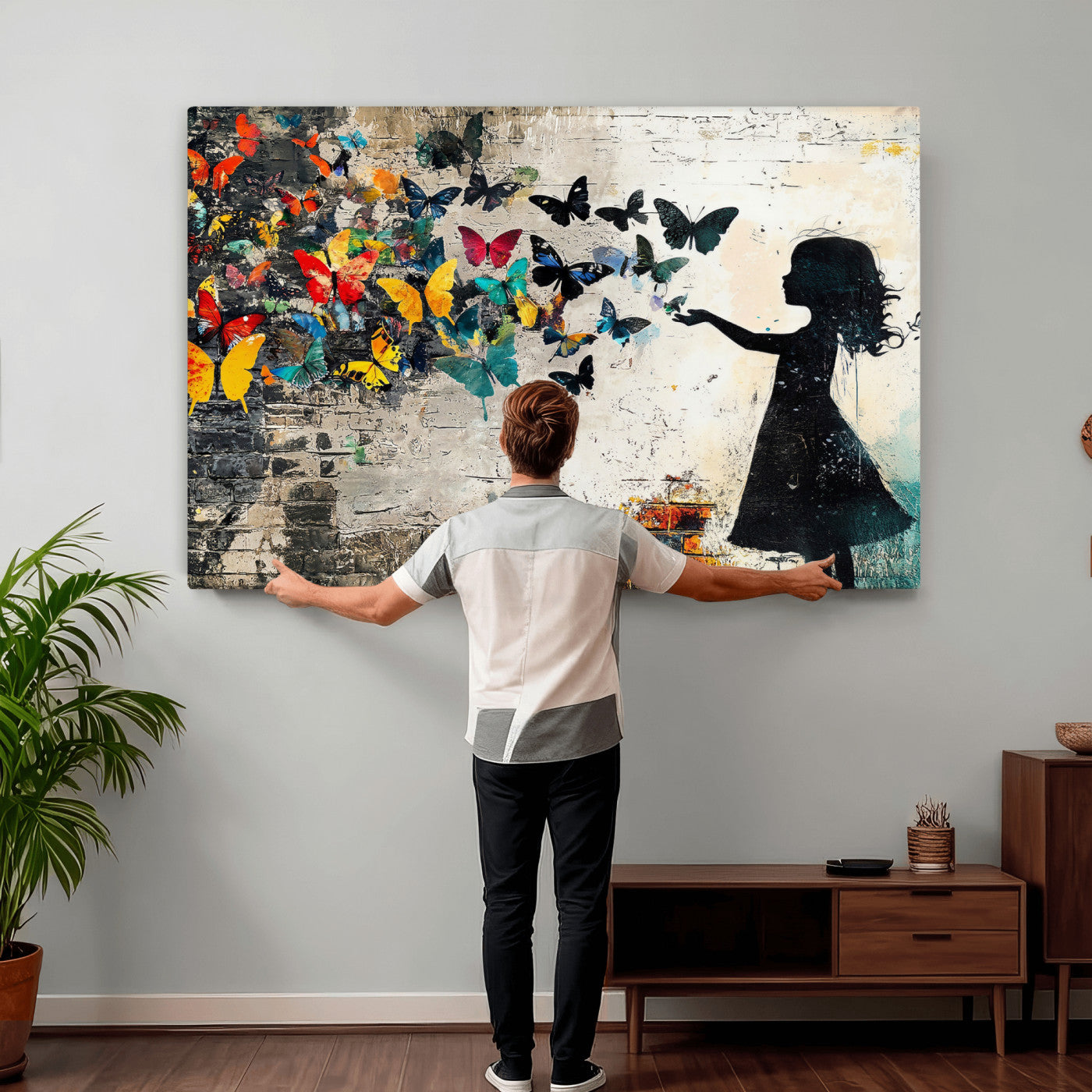 33909022-MGV-CV-36X24 - Banksy Butterfly Girl Wall Art Canvas Print, Framed Street Art Silhouette Graffiti Artwork, Colorful Butterfly Wall Decor for Living Room Bedroom Office