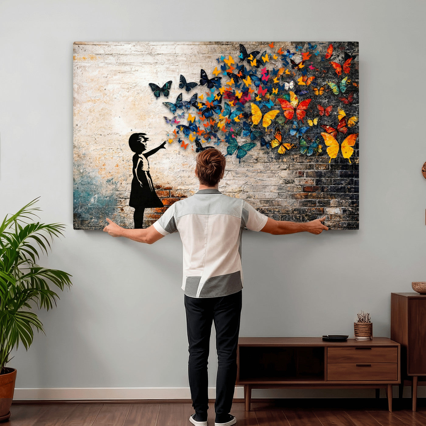 78760384-MGV-CV-36X24 - Banksy Graffiti Butterfly Girl Wall Art Canvas Print, Framed Street Art Canvas Print, Silhouette Butterfly Wall Art for Living Room Bedroom Office