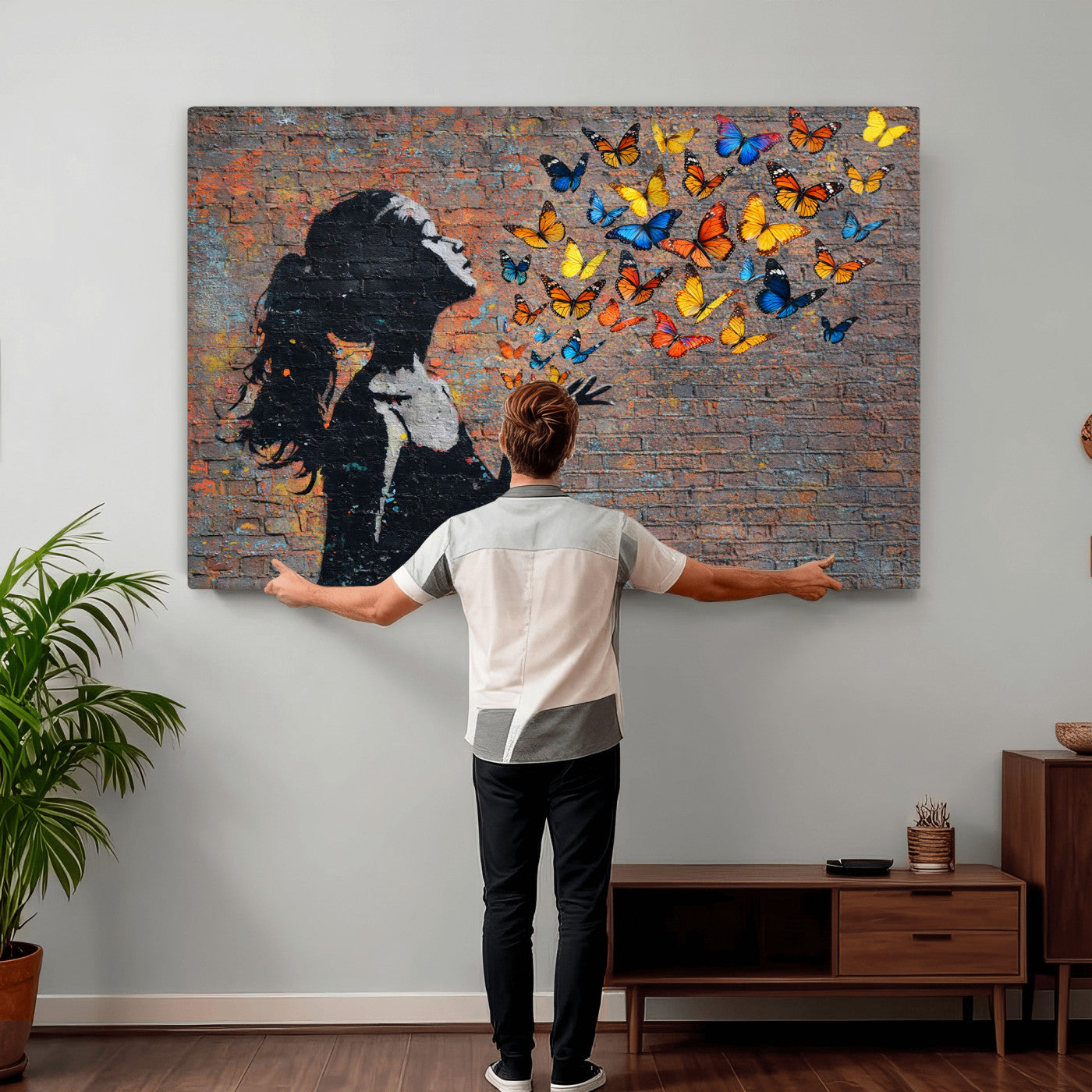 10555939-MGV-CV-36X24 - Urban Banksy Butterfly Girl Wall Art Canvas Print, Framed Street Art Canvas Print, Graffiti Silhouette Butterfly Wall Art for Living Room Bedroom Office