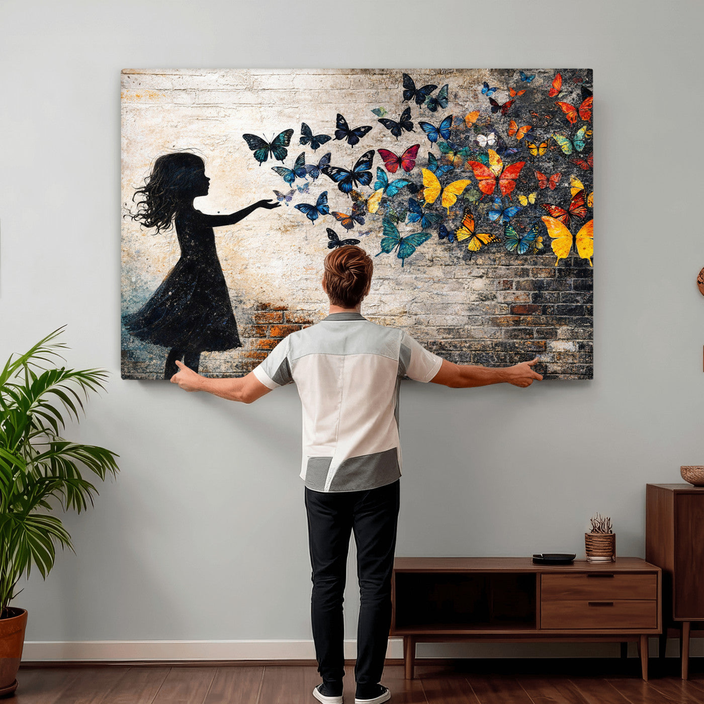 70522594-MGV-CV-36X24 - Banksy Butterfly Girl Wall Art Canvas Print, Framed Street Art Canvas Print, Graffiti Silhouette Butterfly Wall Art for Living Room Bedroom Office
