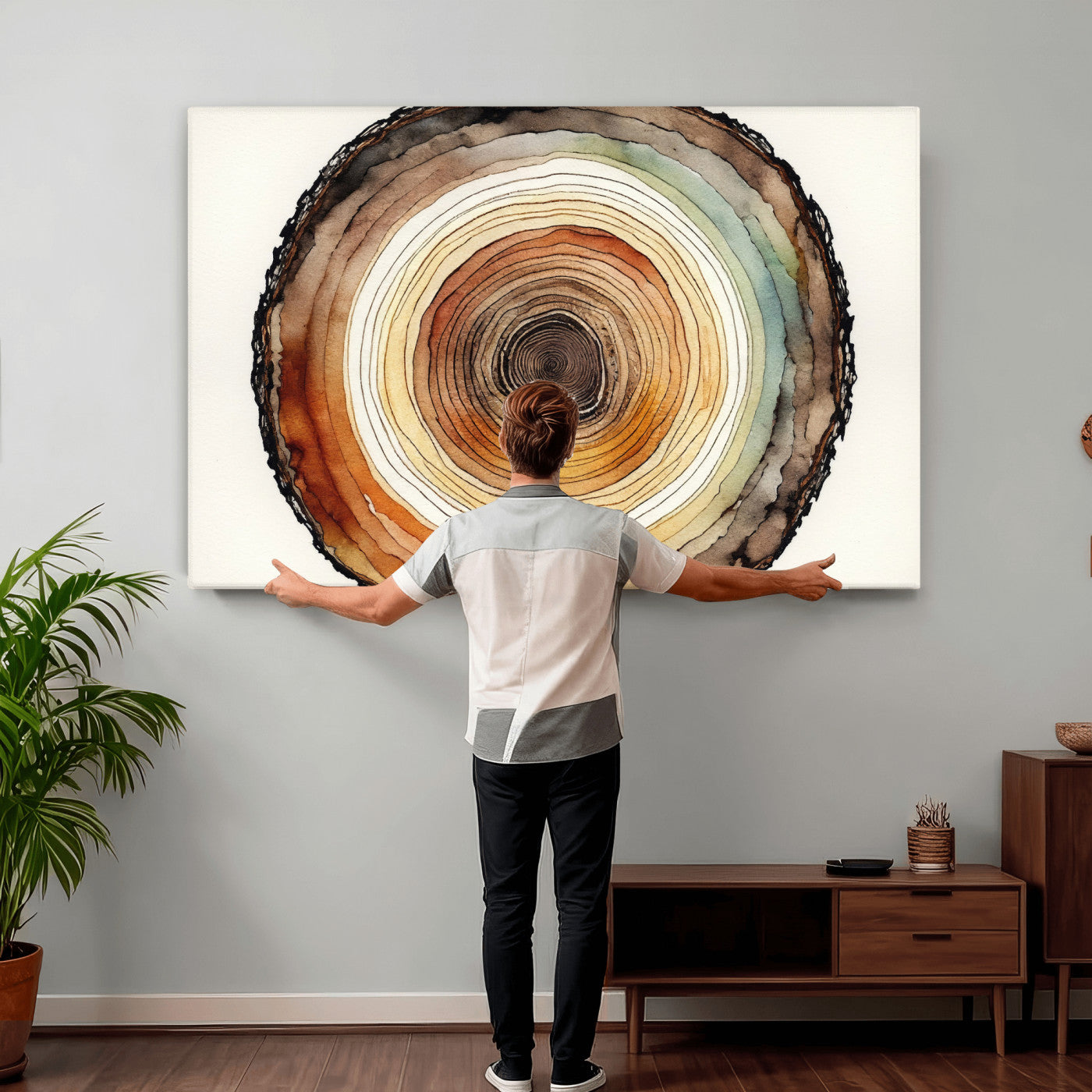 13719680-MGV-CV-36X24 - Natural Wood Slice Wall Art Canvas Print, Tree Ring Wall Art, Framed Abstract Nature Wall Decor, Earth Tone Statement Canvas Print