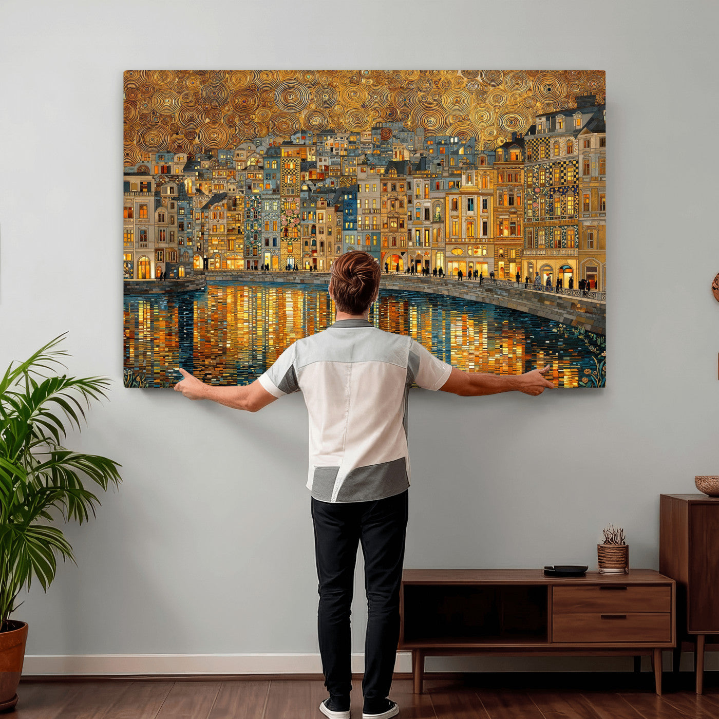 94022787-MGV-CV-36X24 - Gustav Klimt Golden Cityscape Wall Art Canvas Print, Framed River Town Landscape Artwork, Ornate Architecture Wall Decor for Living Room Bedroom Office