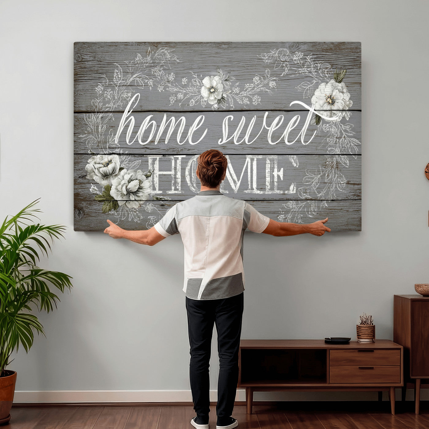 42160089-MGV-CV-36X24 - Home Sweet Home Sign Wall Art Canvas Print, Floral Farmhouse Sign, Rustic Neutral Entryway Bedroom Living Room Decor