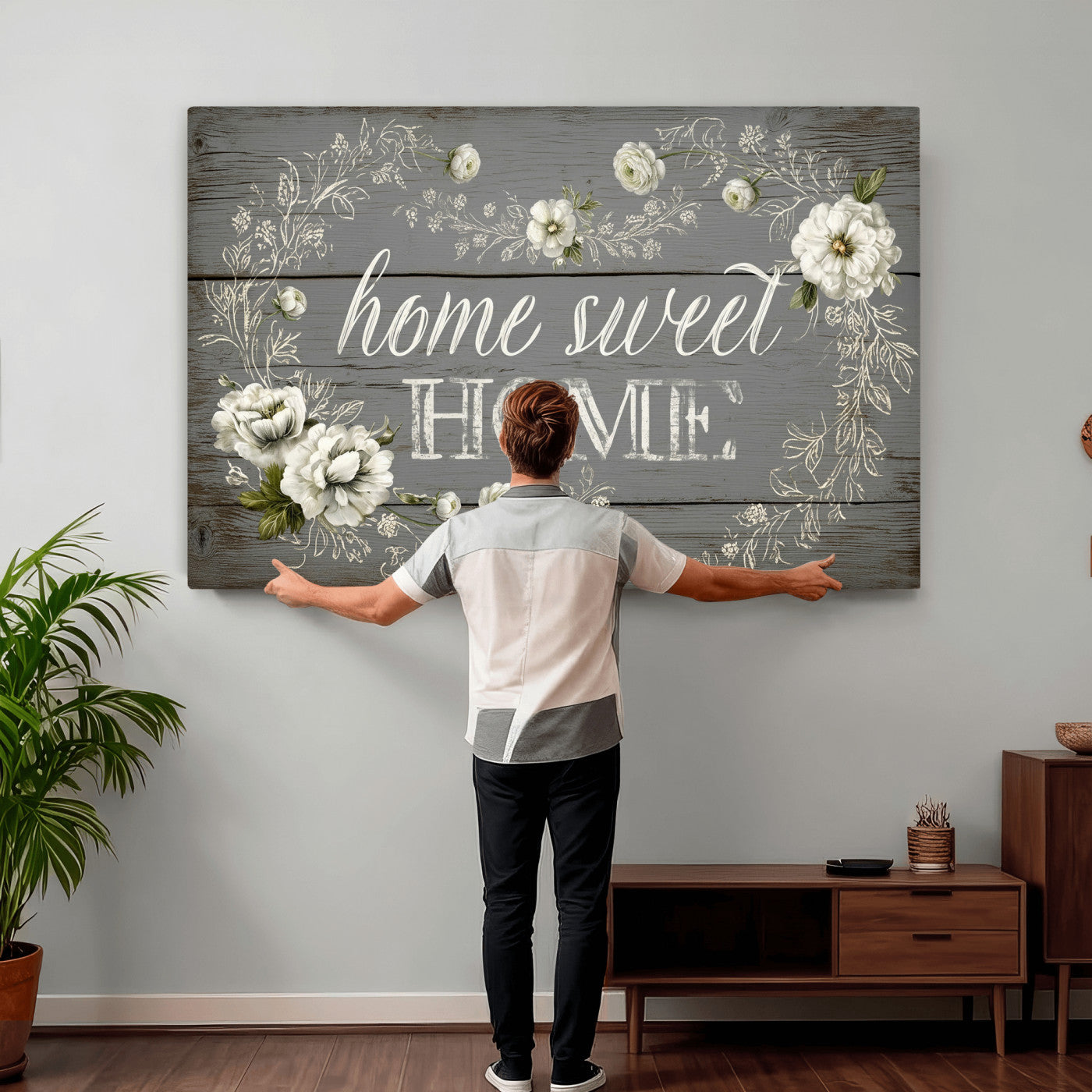 32056075-MGV-CV-36X24 - Home Sweet Home Wall Art Canvas Print, Floral Farmhouse Sign, Rustic Neutral Entryway Bedroom Living Room Decor