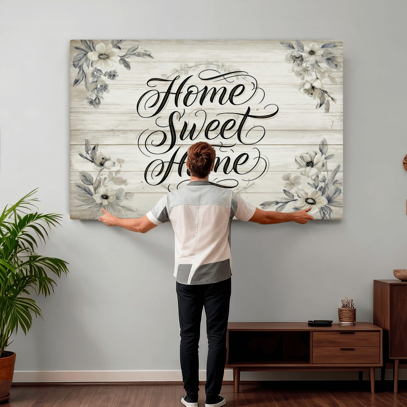 11120405-MGV-CV-36X24 - Home Sweet Home Wall Art Canvas Print, Floral Farmhouse Sign, Rustic Neutral Entryway Bedroom Living Room Decor
