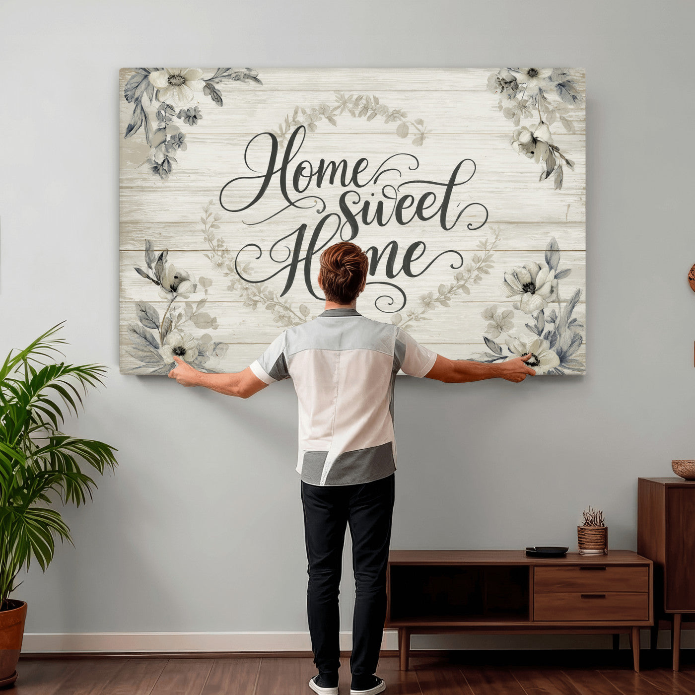81157008-MGV-CV-36X24 - Home Sweet Home Wall Art Canvas Print, Floral Farmhouse Sign, Rustic Neutral Entryway Bedroom Living Room Decor