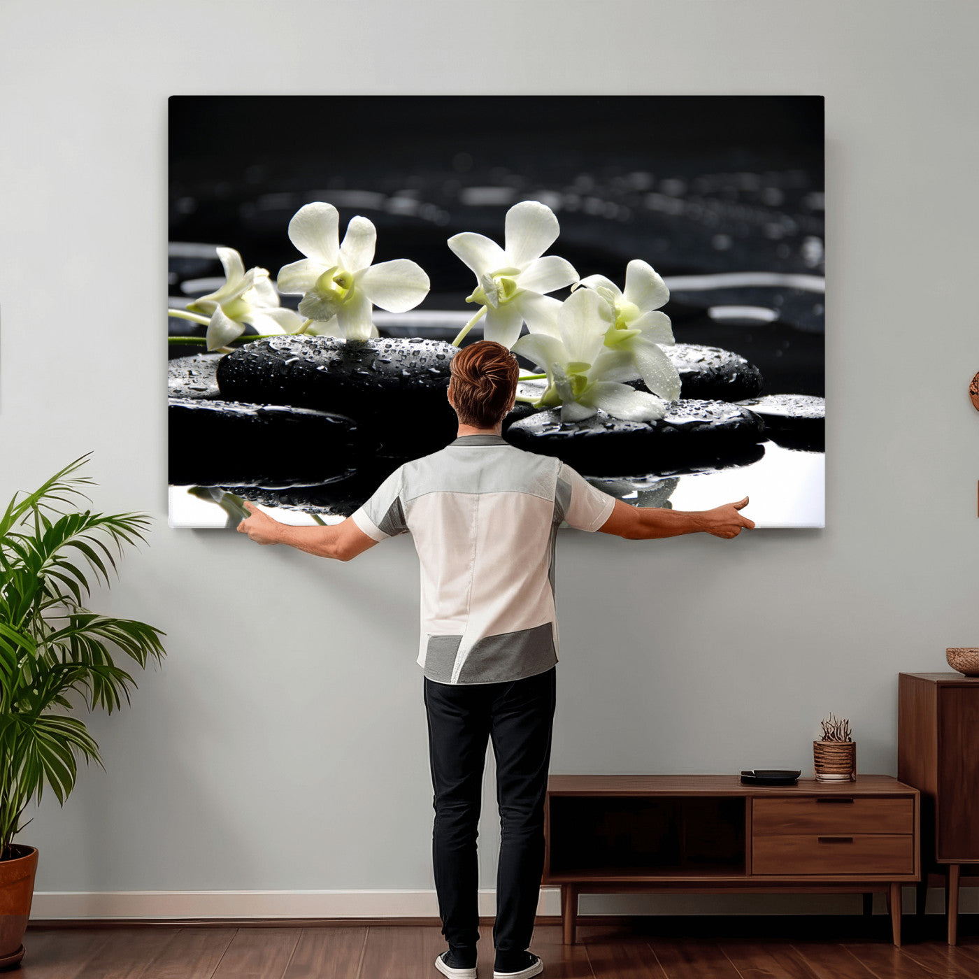 79486206-MGV-CV-36X24 - Plumeria Frangipani Black Stone Canvas | White Flower Spa Photography Print | Tropical Zen Wall Art | Grey Pebble Floral for Meditation Room Decor