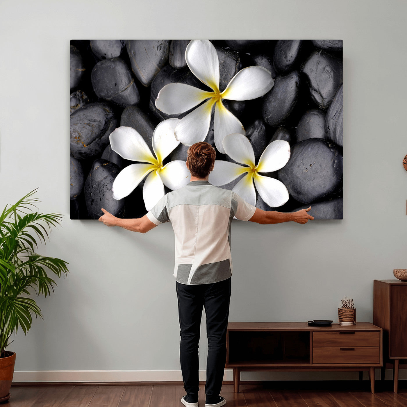 43639613-MGV-CV-36X24 - Plumeria Frangipani Black Stone Canvas | White Flower Spa Photography Print | Tropical Zen Wall Art | Grey Pebble Floral Decor