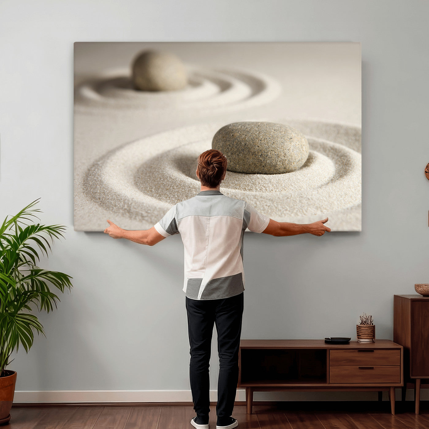 13397966-MGV-CV-36X24 - Zen Garden Stone Sand Canvas | Japanese Rock Garden Wall Art | Minimalist Meditation Print | Neutral Beige Mindfulness Decor
