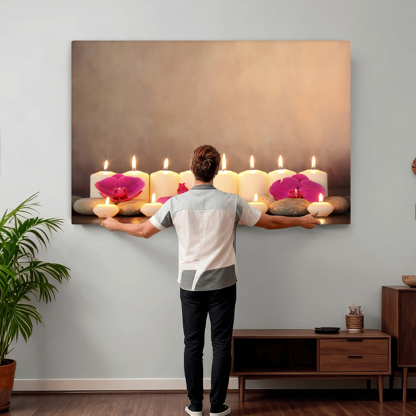 59470569-MGV-CV-36X24 - Spa Candles Orchid Canvas Print | Zen Wellness Relaxation Wall Art | Pink Flower Candlelight Bathroom Decor | Calm Beige Photography