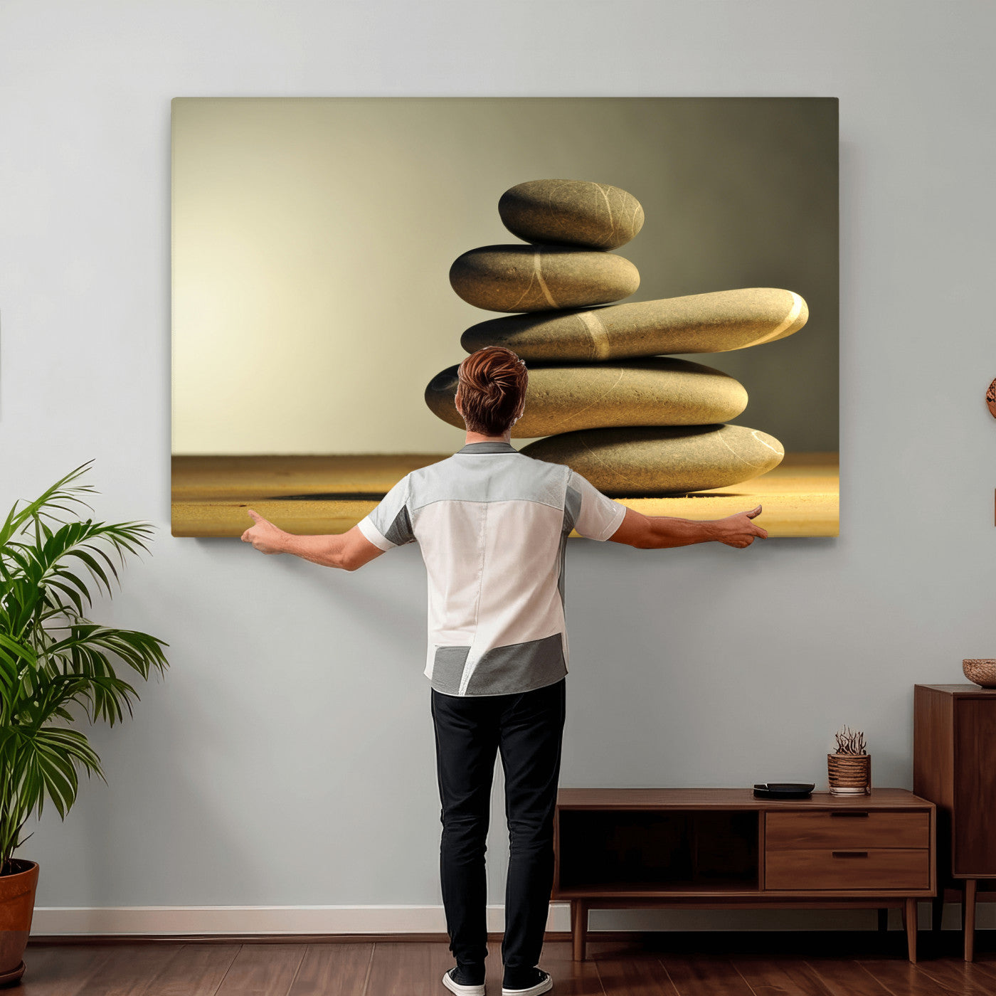 85424263-MGV-CV-36X24 - Zen Stone Wall Art Canvas Print, Balanced Rock Stack Framed Spa Artwork, Minimalist Meditation Decor for Living Room Bedroom Office Bathroom