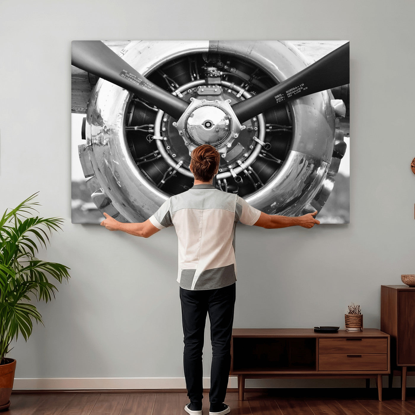73322230-MGV-CV-36X24 - Vintage Propeller Plane Wall Art Canvas Print, Black and White Airplane Engine Close Up Framed Aviation Artwork for Pilot Office Hangar Decor