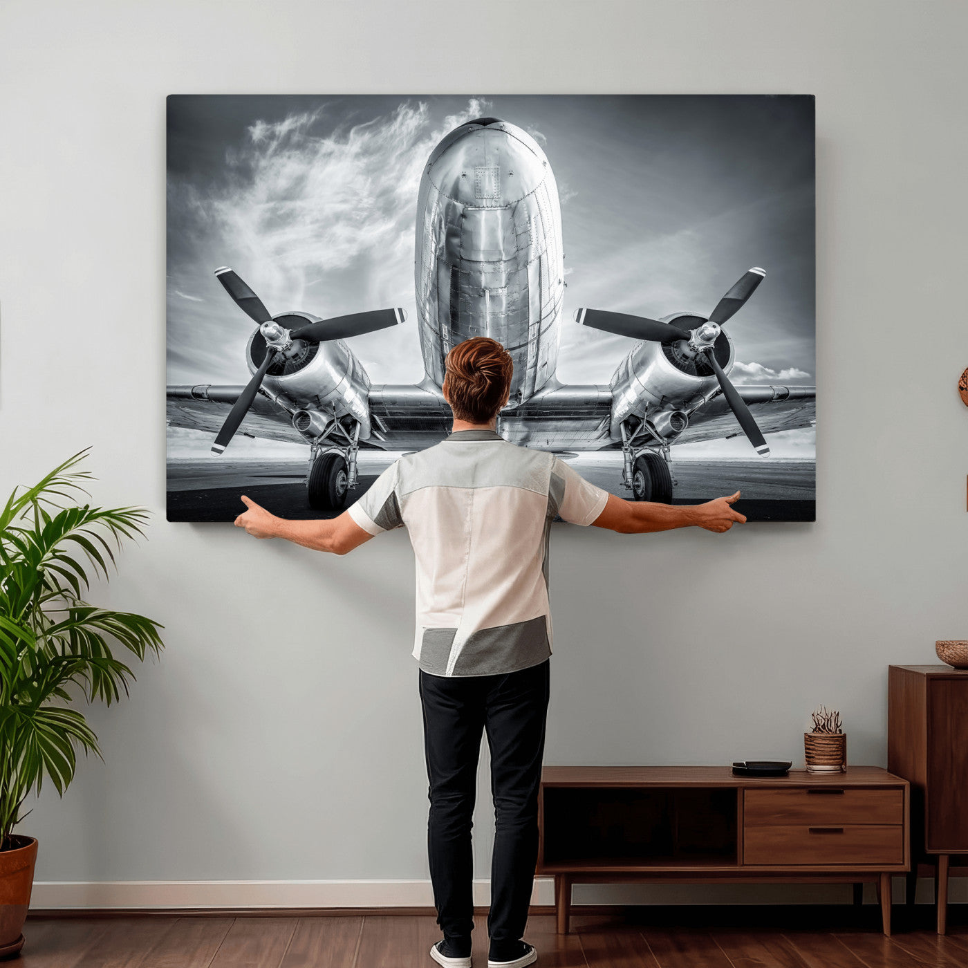 59729636-MGV-CV-36X24 - Vintage Propeller Plane Wall Art Canvas Print, Black and White Airplane Engine Close Up Framed Aviation Artwork for Pilot Office Hangar Decor