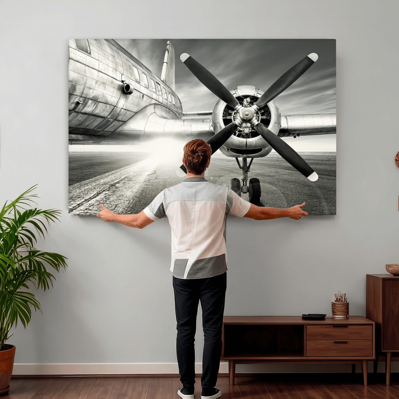 16420255-MGV-CV-36X24 - Vintage Airplane Wall Art Canvas Print, Black and White Propeller Aircraft Framed Aviation Artwork for Pilot Office Hangar Living Room Decor