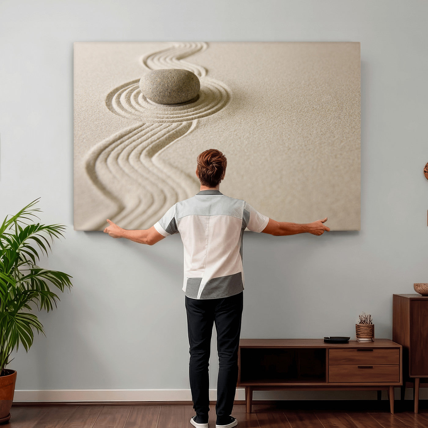 66852661-MGV-CV-36X24 - Zen Garden Stone Sand Canvas | Japanese Rock Garden Wall Art | Minimalist Meditation Print | Neutral Beige Mindfulness Decor
