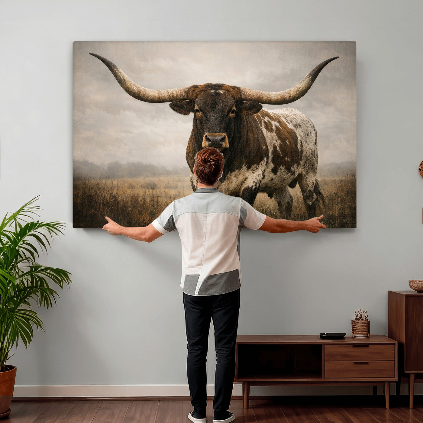17622011L-MGV-CV-36X24 - Longhorn Bull Wall Art Canvas Print, Western Farmhouse Cowboy Decor, Rustic Texas Ranch Cattle Artwork for Living Room Bedroom Office, Framed Wall Decor