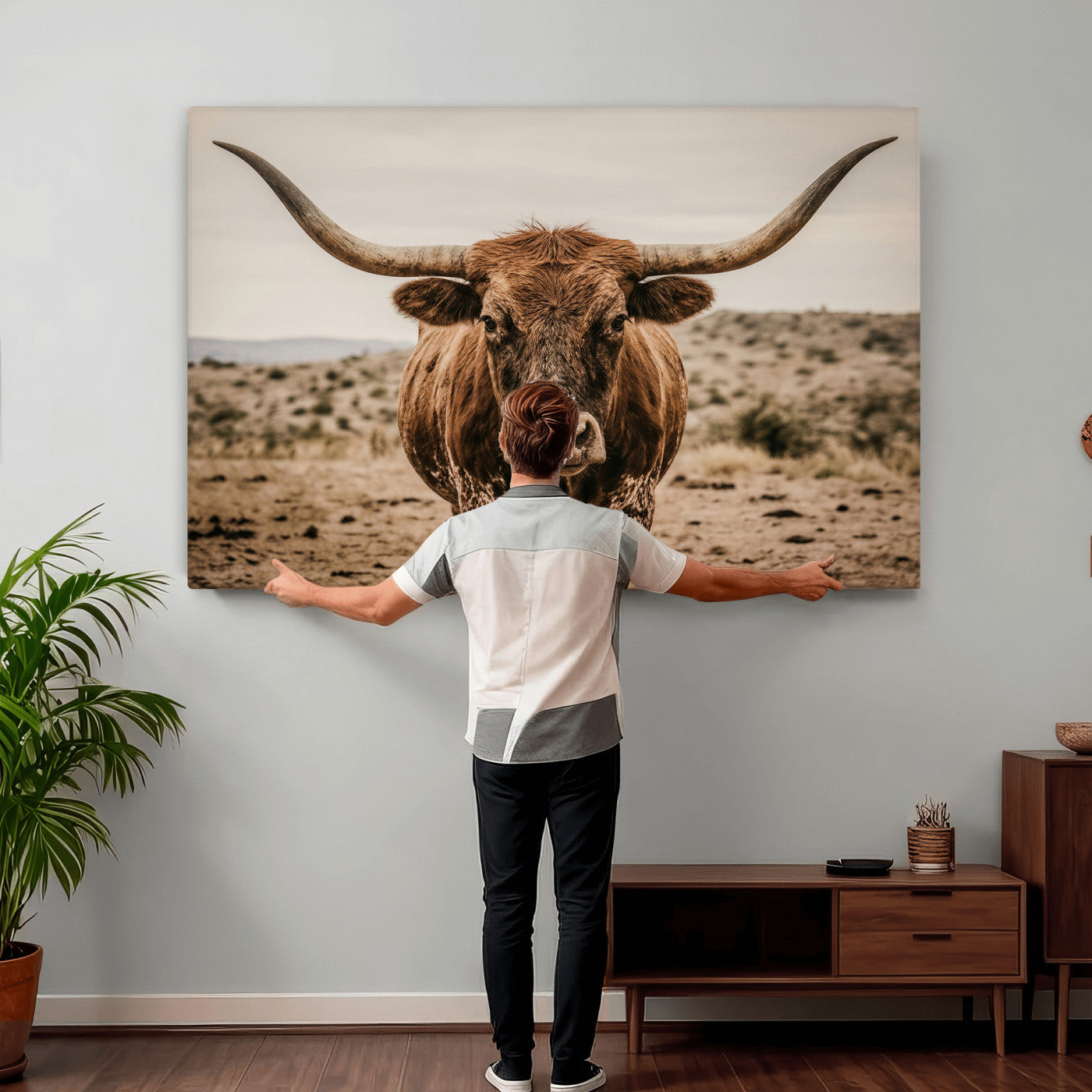 17622011K-MGV-CV-36X24 - Texas Longhorn Bull Wall Art Canvas Print, Western Farmhouse Cowboy Decor, Rustic Texas Ranch Cattle Artwork for Living Room Bedroom Office, Framed Wall Decor