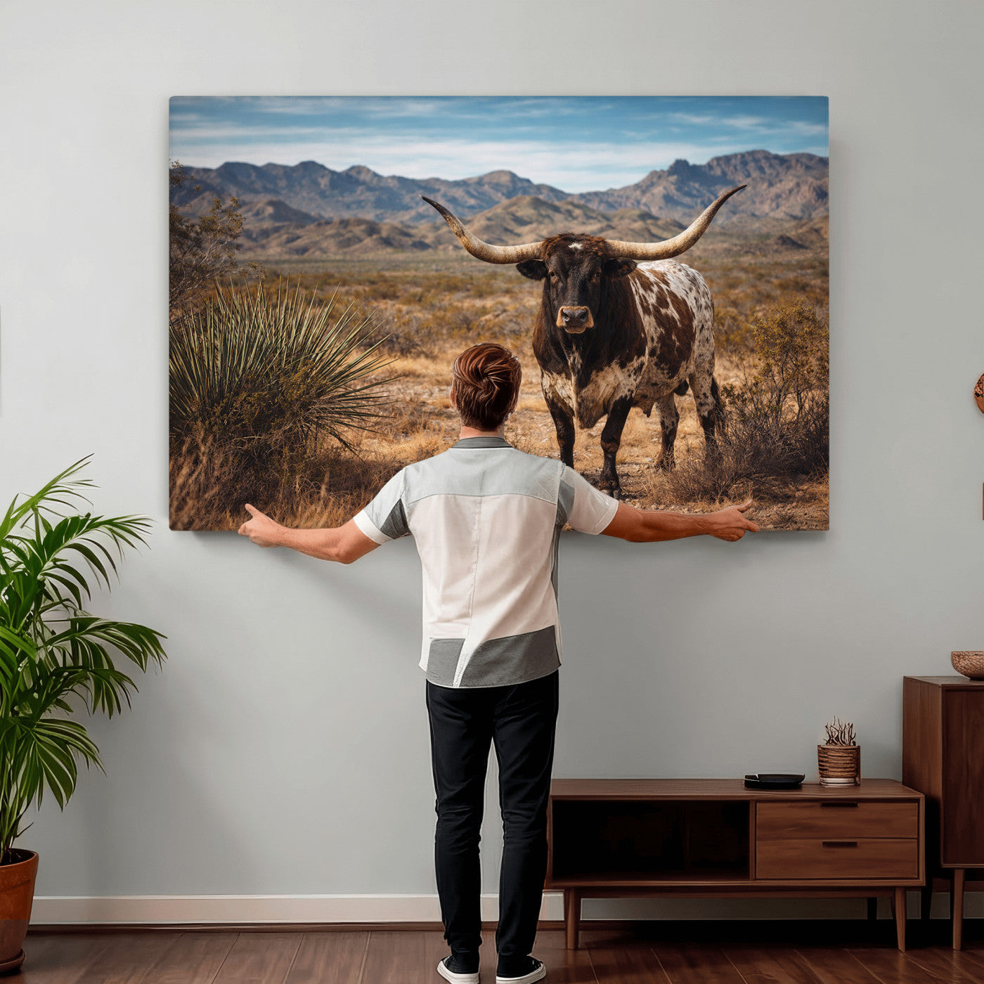 17622011S-MGV-CV-36X24 - Texas Longhorn Bull Wall Art Canvas Print, Western Farmhouse Cowboy Decor, Rustic Texas Ranch Cattle Artwork for Living Room Bedroom Office, Framed Wall Decor