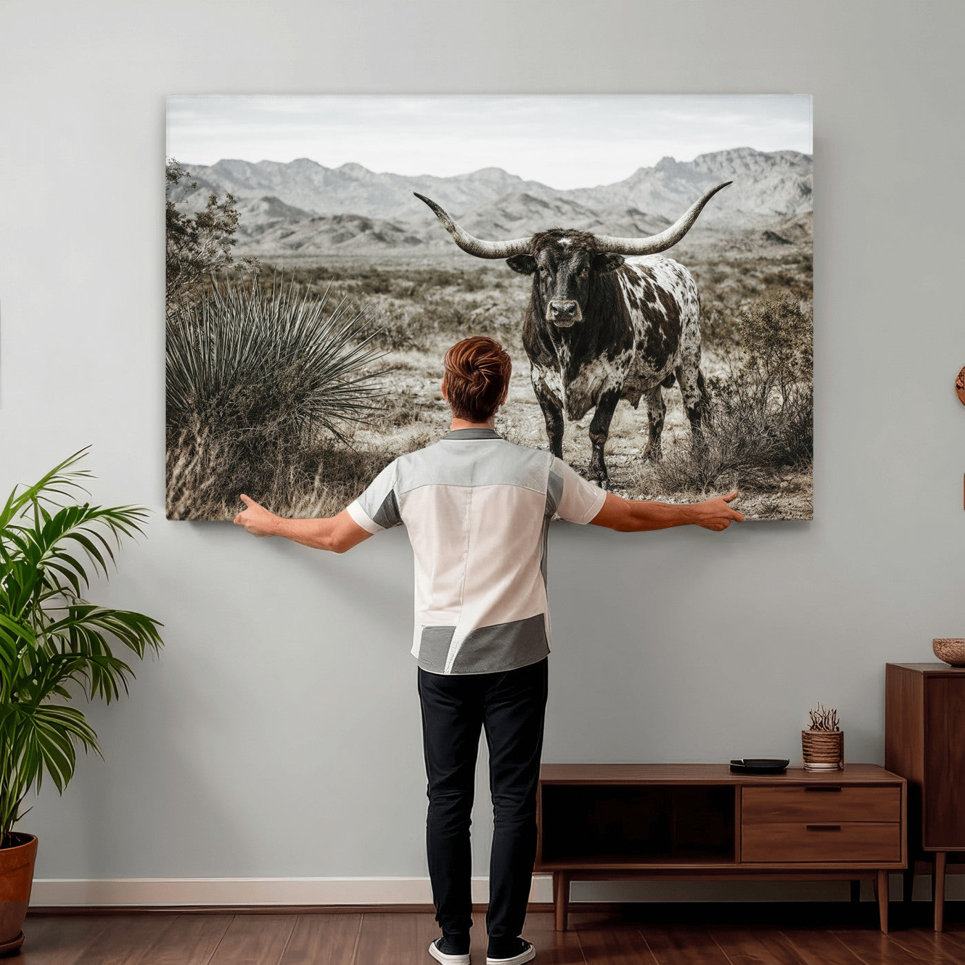 17622011H-MGV-CV-36X24 - Texas Longhorn Bull Wall Art Canvas Print, Western Farmhouse Cowboy Decor, Rustic Texas Ranch Cattle Artwork for Living Room Bedroom Office, Framed Wall Decor